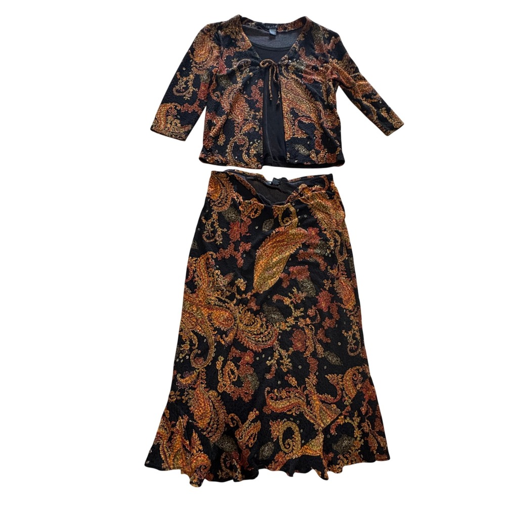 West End Womens Paisley Skirt Set Black Gold Metallic Tie Front Top Midi Skirt L